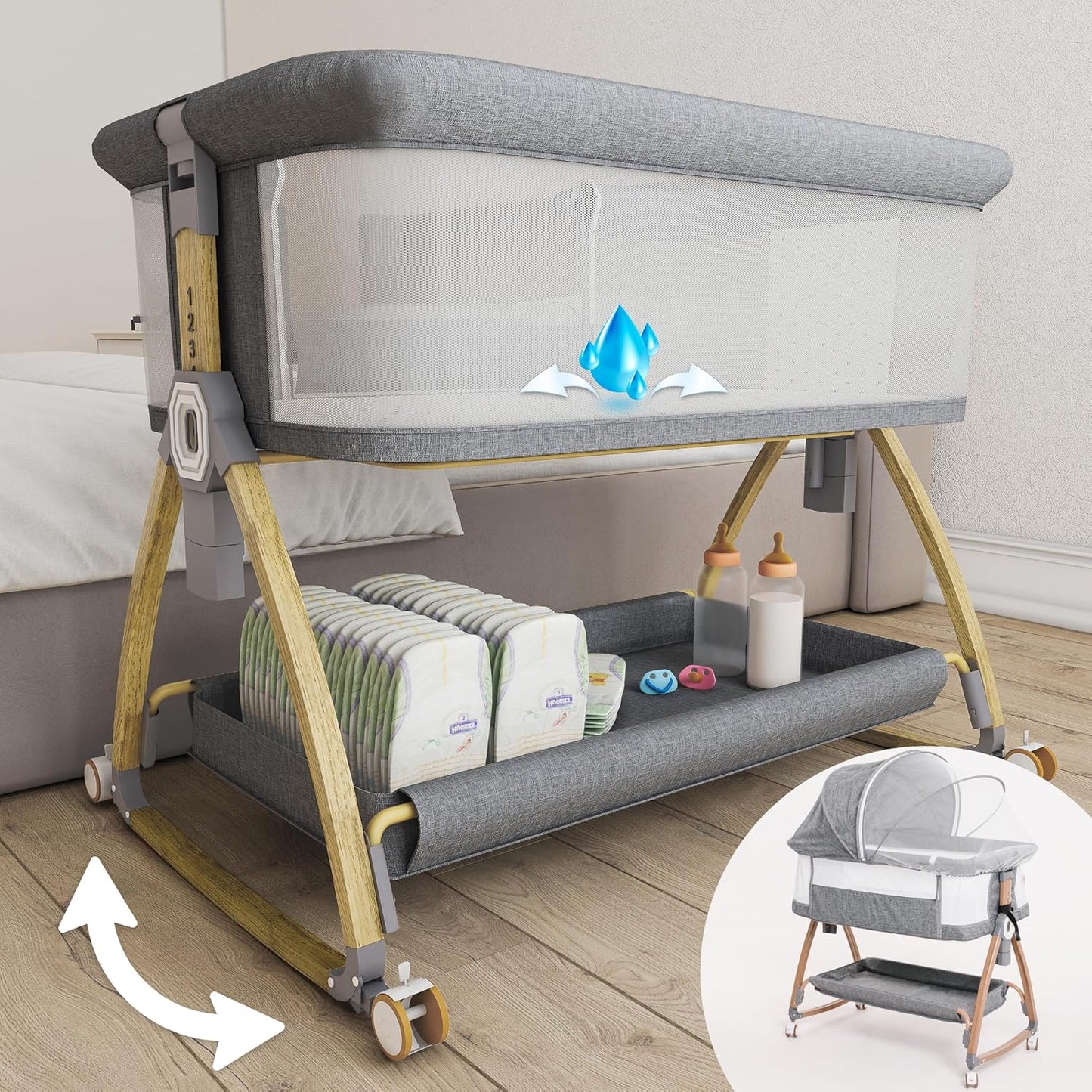 Earth&ME Baby Bassinet Bedside Sleeper with Rocking - All Mesh Portable Bedside Crib for Safe Co-Sleeping, Storage Basket and Wheels, Adjustable Height, Includes Travel Bag, Mosquito Net (Whate, Grey)