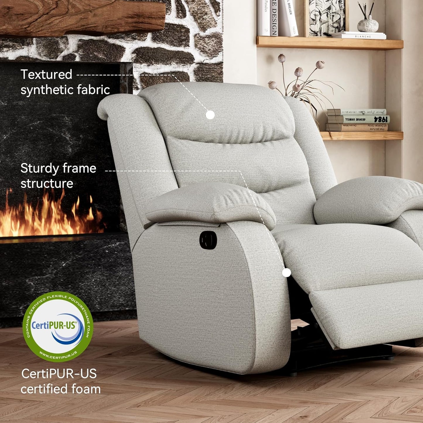 Power Swivel Rocker Recliner,Fabric Glider Recliner Nursery Chair,Small Rocking Chair,Single Reclining Sofa with Lumbar Support,USB&Type-C Ports,Living Room Home Threater Seat, Flint Grey