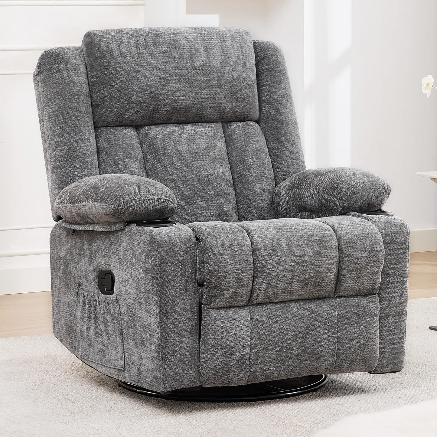 Swivel Rocker Recliner Chair, Lazy Boy Recliner with Cup Holders, 360 Degree Rotating Nursery Rocking Chair, Manual Glider Recliner for Living Room (1, Yellow)