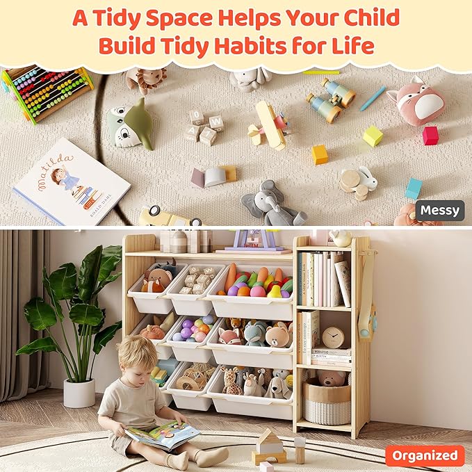 DOREROOM Toy Storage Organizer with Bookshelf, Kids Toy Storage and Organizers with 3 Shelves/9 Bins/3 Hooks, Bin Shelf, Toy Organization for Playroom, Nursery, Bedroom, Toddler Room | Wood & White