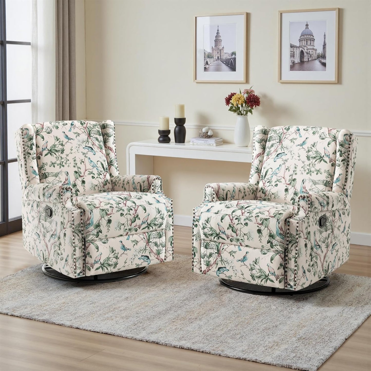 UIXE Swivel Glider Recliner Chair for Adults, High Back Nursery Rocker Floral Upholstered Armchair for Living Room, Manual Reclining Rivet Trim Sofa Lounge with Deep Seat in Fabric - Navy Blue