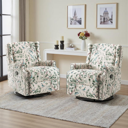 UIXE Swivel Glider Recliner Chair for Adults, High Back Nursery Rocker Floral Upholstered Armchair for Living Room, Manual Reclining Rivet Trim Sofa Lounge with Deep Seat in Fabric - Navy Blue
