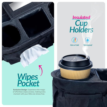 Swanoo Stroller Caddy Organizer With Cup Holder, Non Slip Straps Bag for Phone, Pet Stroller Accessories, Universal Fits Uppababby Vista v2 Wonderfold Wagon, Doona and More
