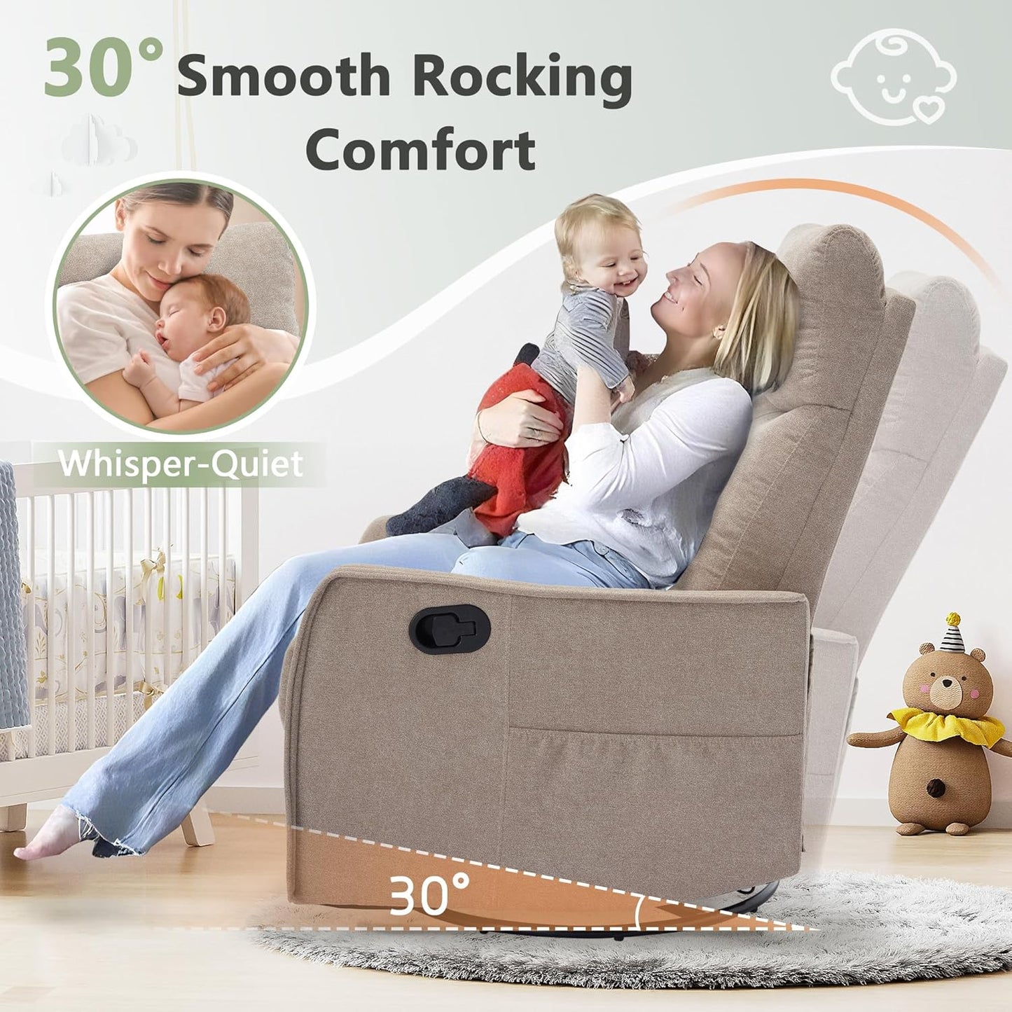 cinkehome Swivel Rocker Recliner, Glider Rocker Recliner Chair for Nursery, Manual Reclining Chair with Heated Massage, Small Spaces, Living Room, Khaki Chenille