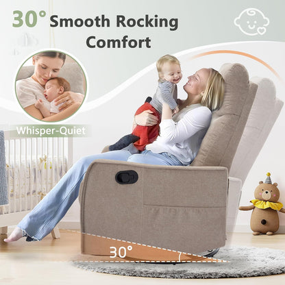 cinkehome Swivel Rocker Recliner, Glider Rocker Recliner Chair for Nursery, Manual Reclining Chair with Heated Massage, Small Spaces, Living Room, Khaki Chenille
