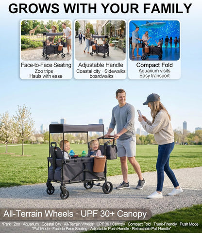 2-in-1 Wagon Stroller for Two Kids – Foldable Push & Pull All‑Terrain Wagon with Canopy, 5‑Point Harnesses, 2-in-1 Storage Bag (Converts to Shoulder Bag), Lightweight, Compact – Black