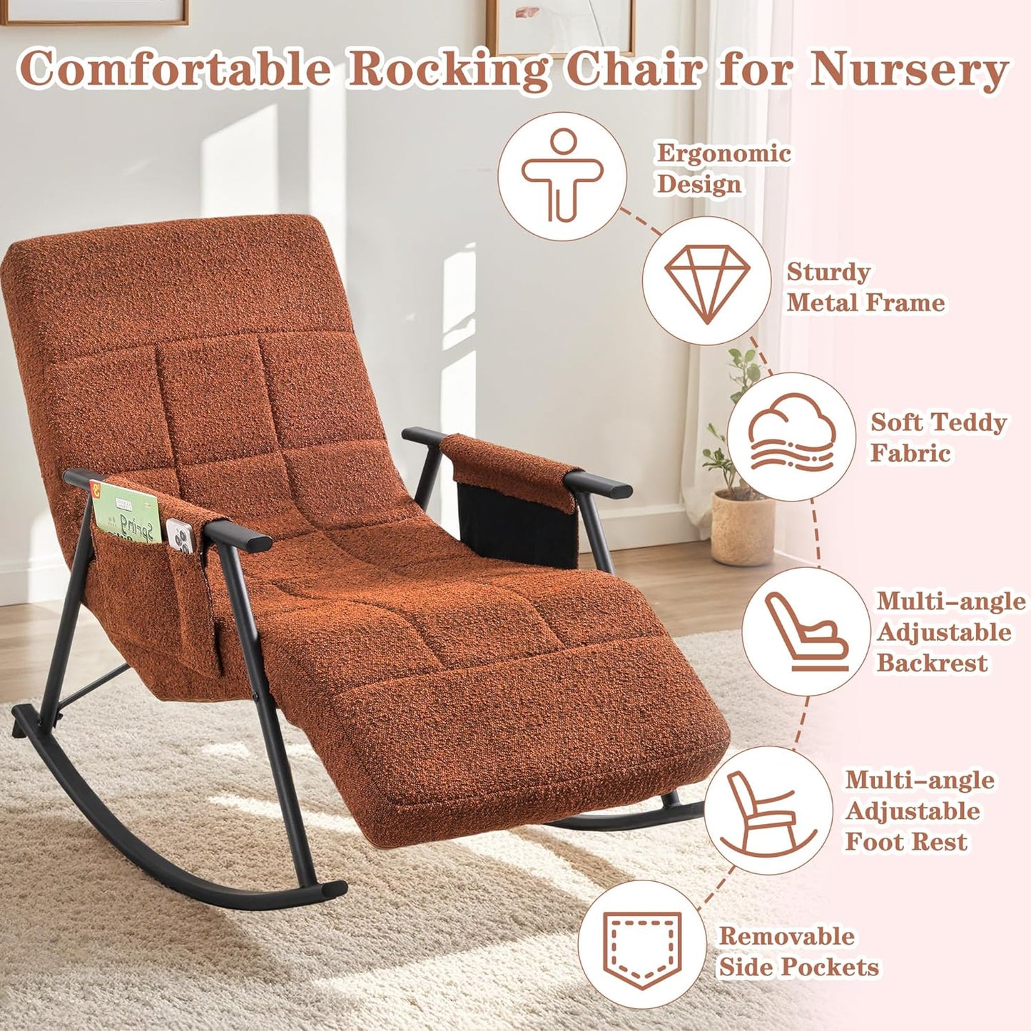 VECELO High Back Nursery Rocking Chair with Foot Rest, Teddy Upholstered Reclining Glider Rocker, Comfy Armchair Padded Seat Removable Side Pockets for Living Room, Bedroom, Balcony, White