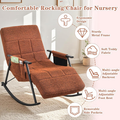 VECELO High Back Nursery Rocking Chair with Foot Rest, Teddy Upholstered Reclining Glider Rocker, Comfy Armchair Padded Seat Removable Side Pockets for Living Room, Bedroom, Balcony, White