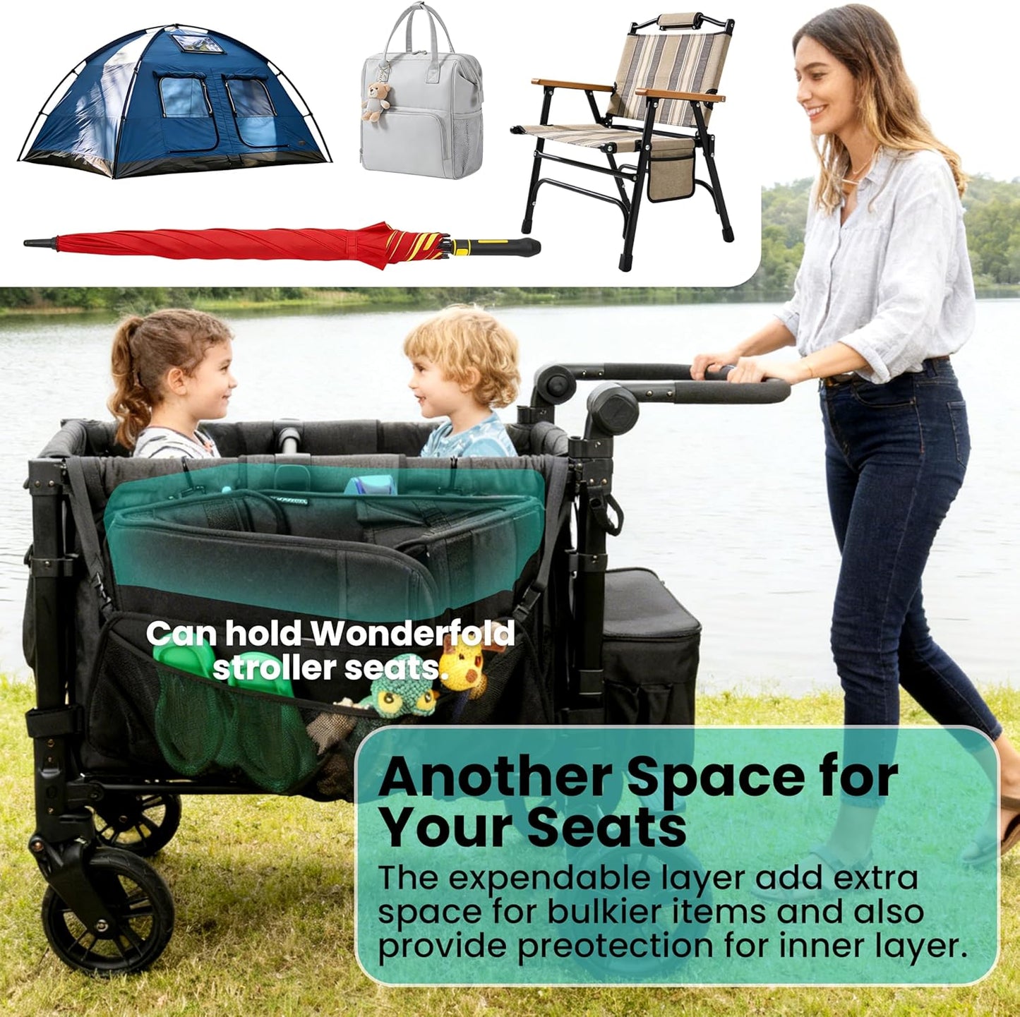 Stroller Wagon Cargo Net and Organizer Compatible with Wonderfold W2 & W4, Double-Layer Expandable Storage Net with Zippered Pockets, Foldable Wagon Accessories, Heavy-Duty Mesh (1 Pack)
