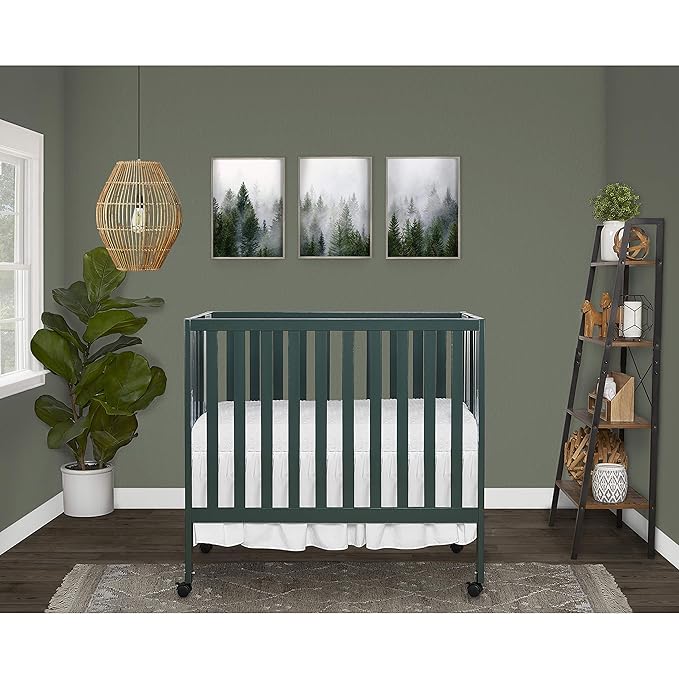 Dream On Me Jett Mini Folding Baby Crib in Olive, GreenGuard Gold & BSA, Lightweight & Portable, Patented Flat Folding System for Small Spaces & Travel, 1.5” Mattress Pad, 3 Heights, Safe Wheels