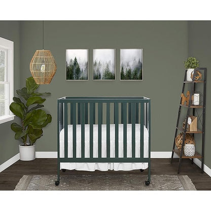 Dream On Me Jett Mini Folding Baby Crib in Olive, GreenGuard Gold & BSA, Lightweight & Portable, Patented Flat Folding System for Small Spaces & Travel, 1.5” Mattress Pad, 3 Heights, Safe Wheels
