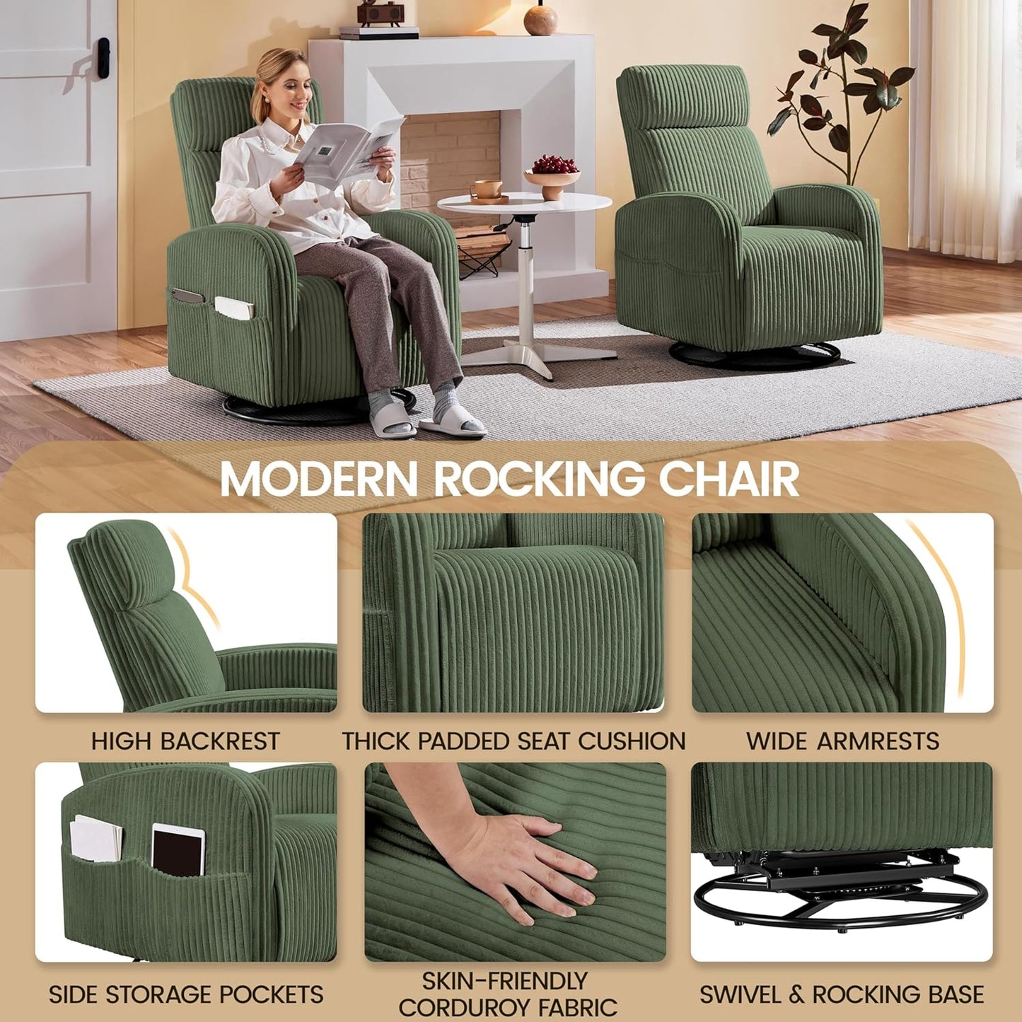 Yaheetech 360° Swivel Glider Chair for Nursery, Rocking Chair Nursing Chair with Side Pockets, Corduroy Glider for Living Room with High Back Beige