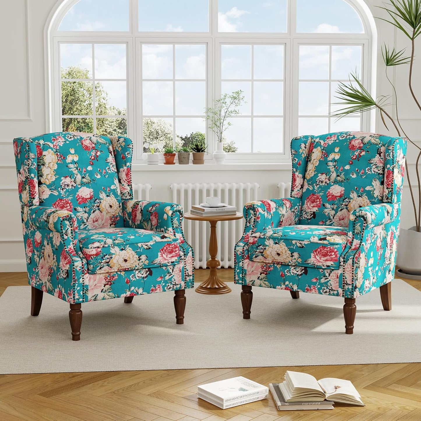 Swivel Rocker Recliner Chair, Manual Nursery Glider Recliner, Floral Fabric Wingback Accent Chair with Adjustable Backrest & Footrest for Small Spaces Living Room Bedroom (Plants Floral, Set of 1)