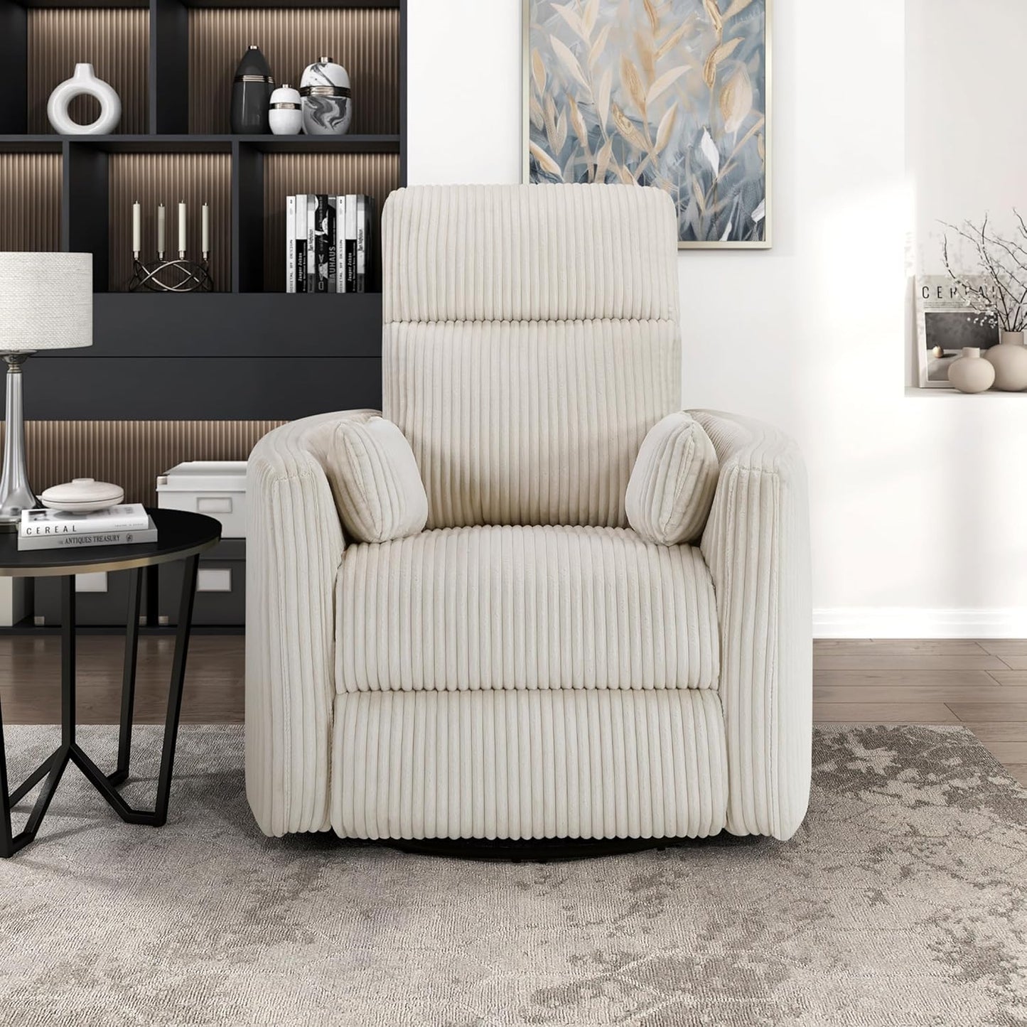 Lexicon Modern Swivel Glider Recliner Chair, Nursery Glider, Corduroy Fabric Upholstery Recliner with 2 Lumbar Pillows, Manual Reclining Sofa Chair for Living Room/Office/Apartment, Beige