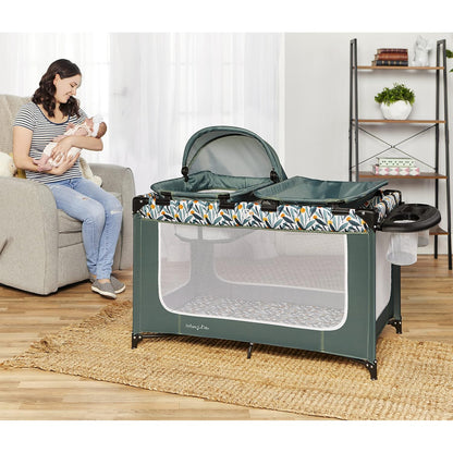 Dream On Me Emily Rose Deluxe Playard in Galaxy Blue with Infant Bassinet and Changing Tray, Lightweight Portable and Convertible Playard for Baby, Breathable Mesh Sides and Soft Fabric