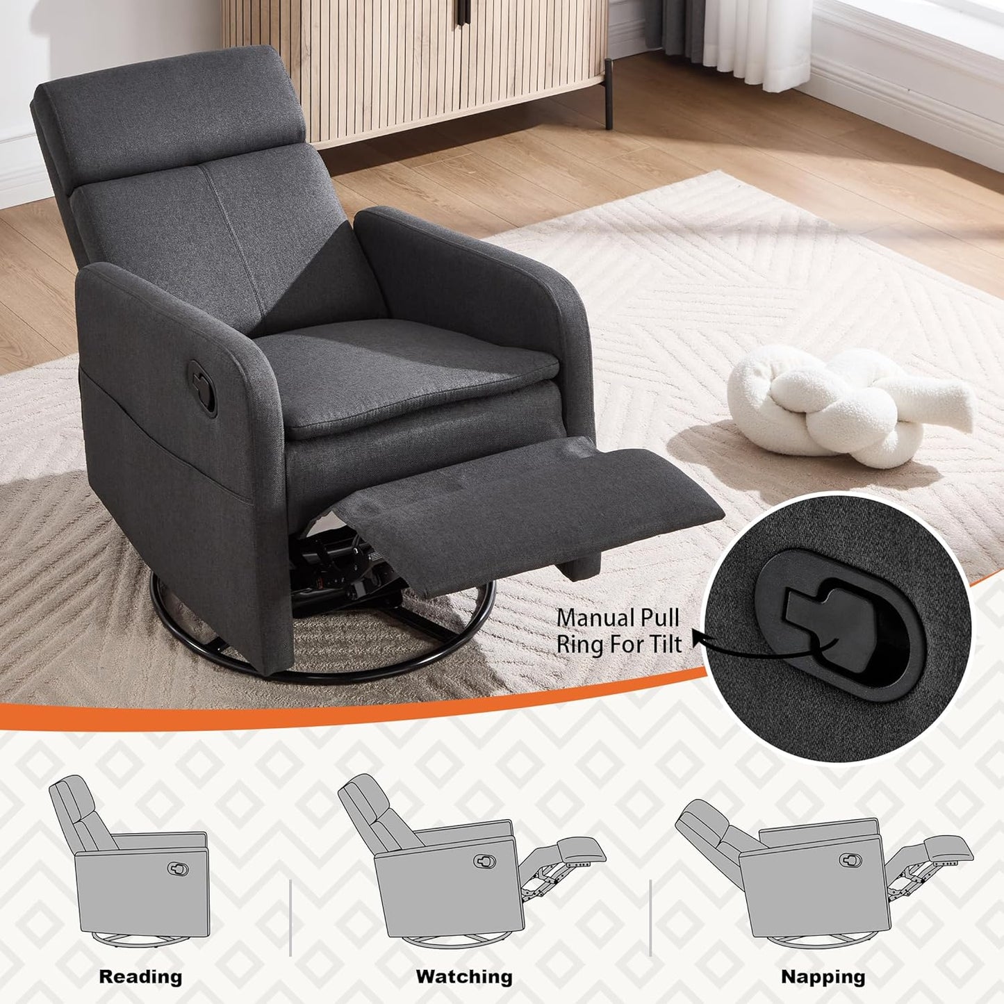 Ketaiyou Swivel Rocking Recliner Chair for Adults, Rocker Nursery Glider Chair for Living Room Bedroom, Upholstered Fabric Reclining Single Sofa Chair(Light Grey)