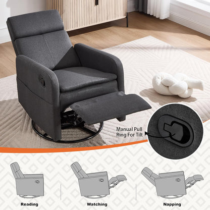 Ketaiyou Swivel Rocking Recliner Chair for Adults, Rocker Nursery Glider Chair for Living Room Bedroom, Upholstered Fabric Reclining Single Sofa Chair(Light Grey)