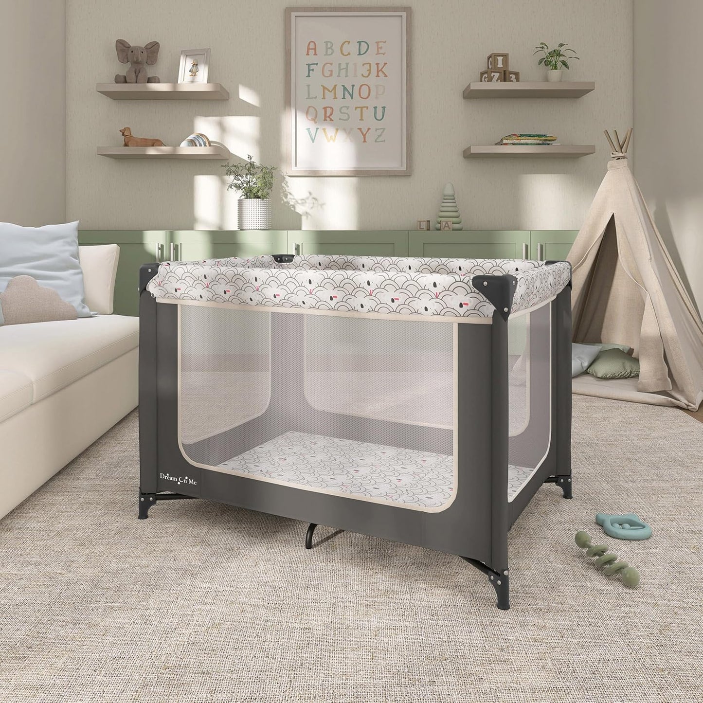 Dream On Me Zodiak Baby Playard, Breathable Mesh Sides, Soft Comfortable Mattress, Quick & Easy to Fold with Travel Carry Bag, Compact Space Saving Design - Grey/Green