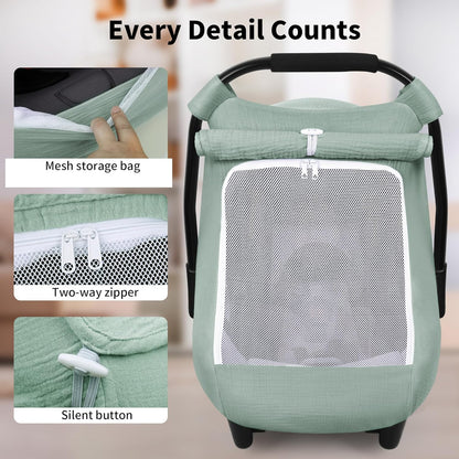 Rquite Car Seat Cover Baby, Carseat Covers Girl Boy, Breathable Muslin Cotton, Large Mesh Window, Infant Car Seat Canopy Baby Carrier Cover Stroller Sun Shade for Summer & Hot Day