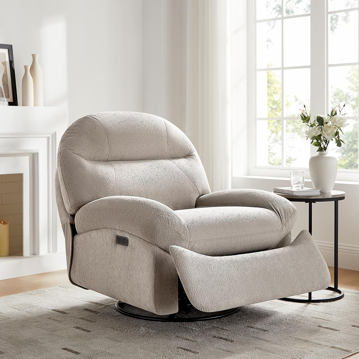 VANOMi Power Recliner Chair with USB & Type-C Charging, 270° Swivel Glider Rocker, Electric Nursery Recliner for Living Room, Bedroom, and Office, White