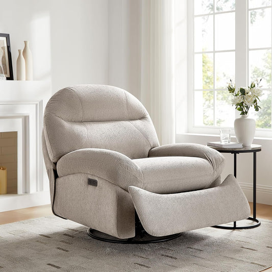 VANOMi Power Recliner Chair with USB & Type-C Charging, 270° Swivel Glider Rocker, Electric Nursery Recliner for Living Room, Bedroom, and Office, White