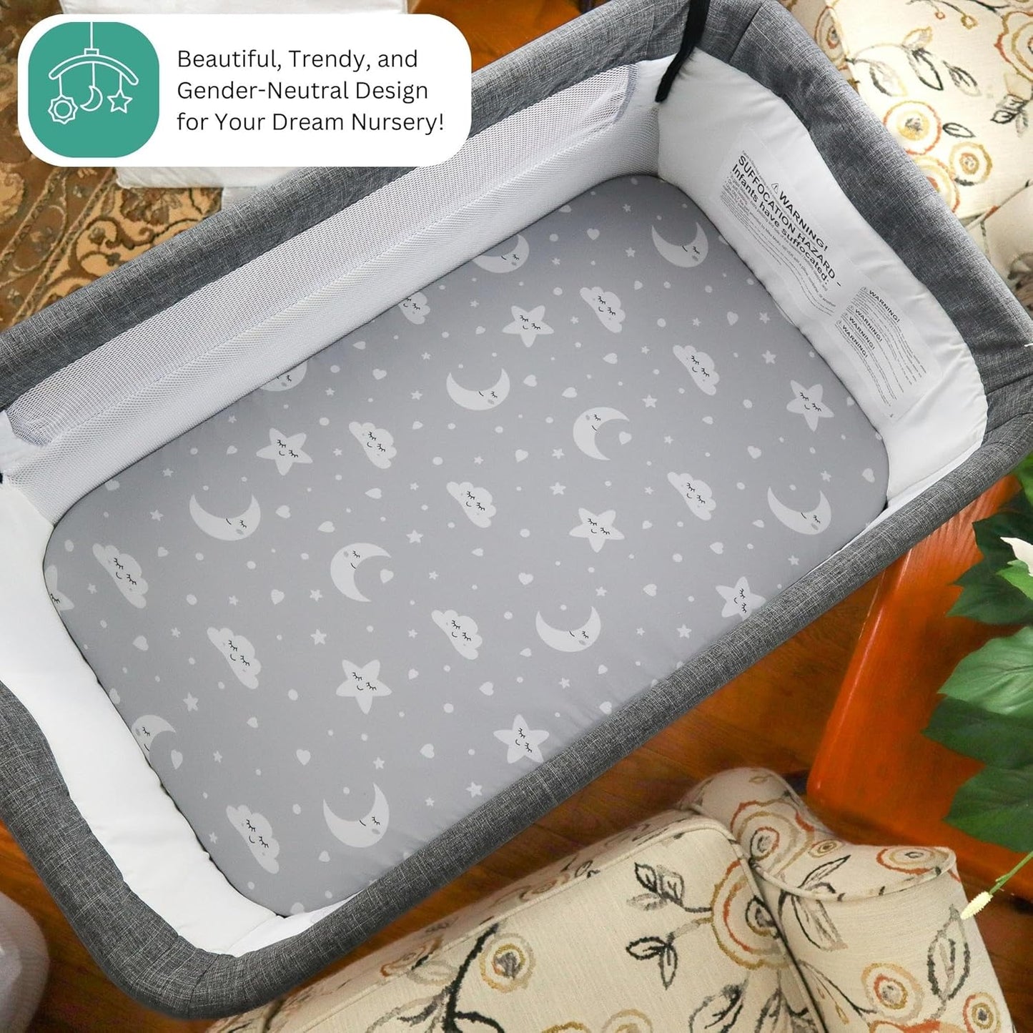 Bassinet Sheets for Papablic, CoZee, Cowiewie, Ezebaby, Nawahev Baby Bassinet Bedside Sleeper by TansyPanda, 3PC, 33x20, Ultra Soft, Breathable Snug Fit, Unisex Boys Girls, Gray White (Space Rockets)