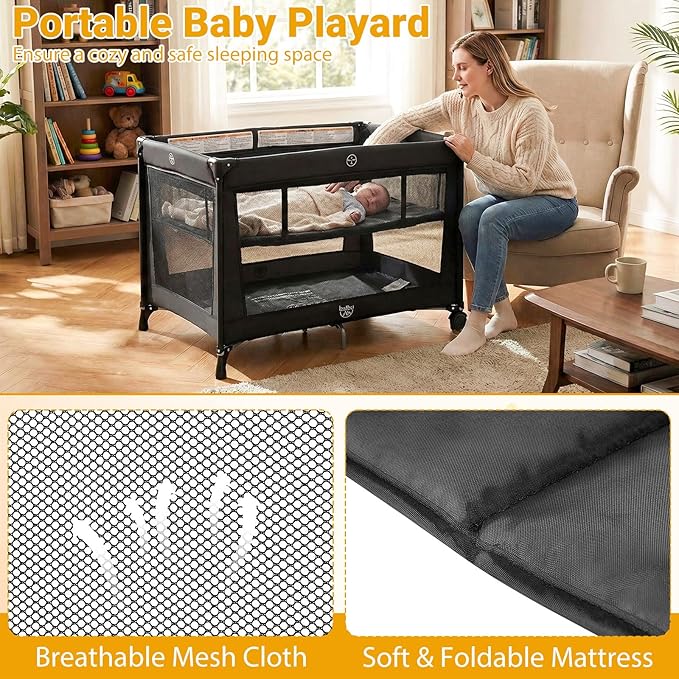 BABY JOY Pack and Play with Bassinet, Portable Playard for Baby, Double Layer Foldable Baby Playpen with Mattress, Lightweight Travel Crib with Bassinet & Carry Bag from Newborn to Toddlers