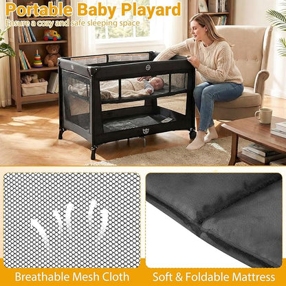 BABY JOY Pack and Play with Bassinet, Portable Playard for Baby, Double Layer Foldable Baby Playpen with Mattress, Lightweight Travel Crib with Bassinet & Carry Bag from Newborn to Toddlers