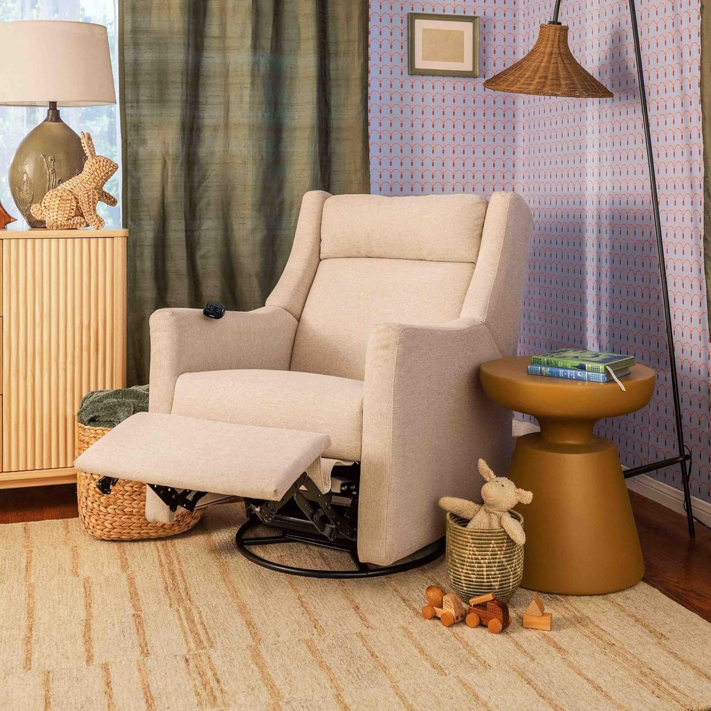 Babyletto Kiwi Deluxe Power Recliner and Swivel Glider with Heat and Massage in Almond Teddy Loop, Built-in USB Charging Port, Adjustable Headrest, Greenguard Gold, FSC and CertiPUR-US Certified