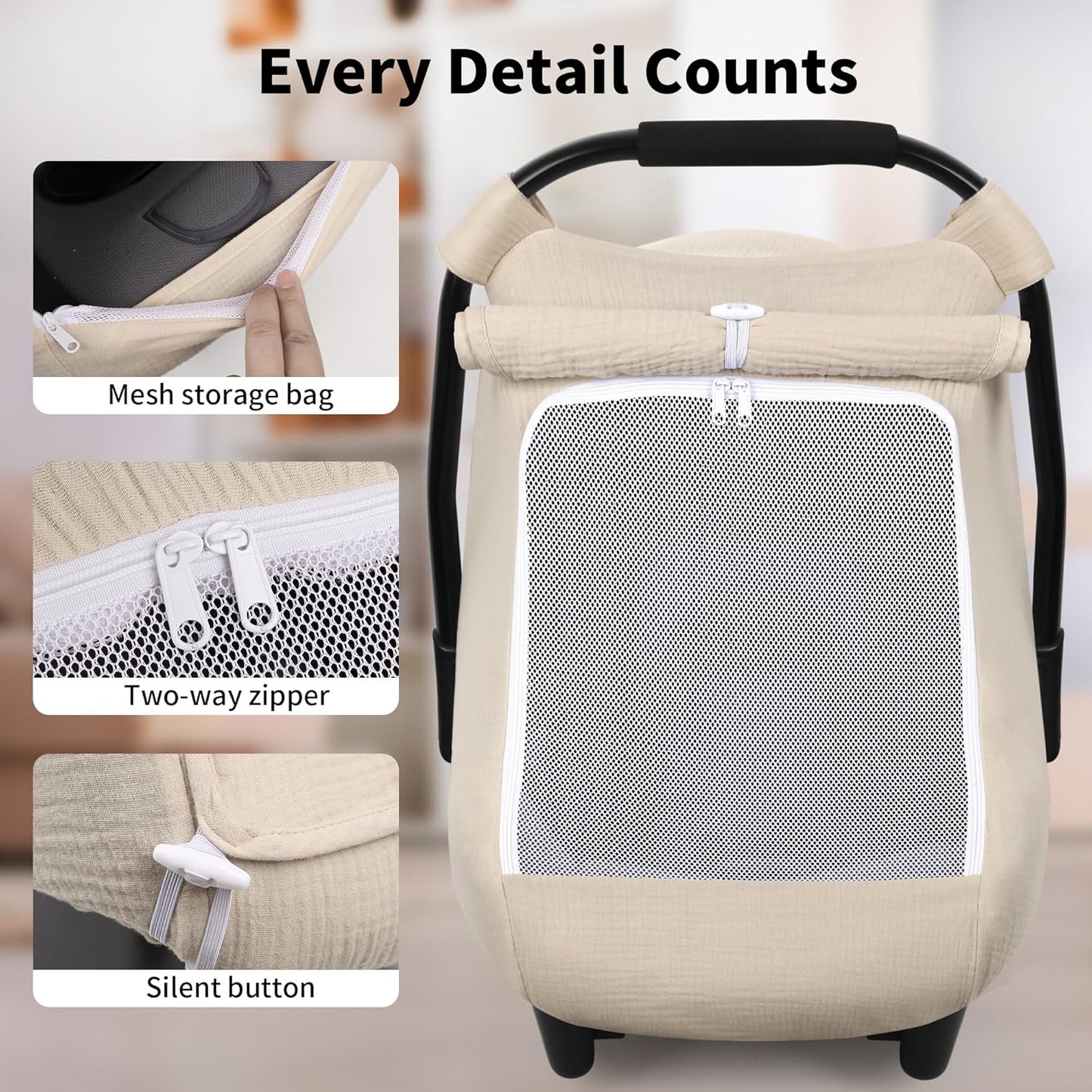 Rquite Car Seat Cover Baby, Carseat Covers Girl Boy, Breathable Muslin Cotton, Large Mesh Window, Infant Car Seat Canopy Baby Carrier Cover Stroller Sun Shade for Summer & Hot Day