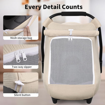 Rquite Car Seat Cover Baby, Carseat Covers Girl Boy, Breathable Muslin Cotton, Large Mesh Window, Infant Car Seat Canopy Baby Carrier Cover Stroller Sun Shade for Summer & Hot Day