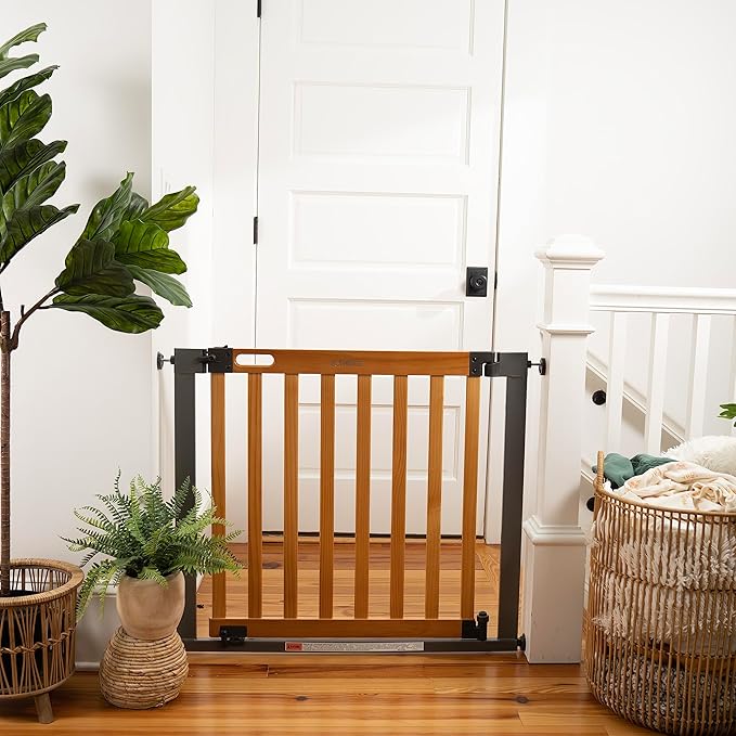 Summer Infant West End Extra Wide Safety Pet and Baby Gate, 36"-60" Wide, 30" Tall, Pressure or Hardware Mounted, Install Wall to Wall in Doorway, Auto Close Walk-Thru Door - Oak Wood and Metal