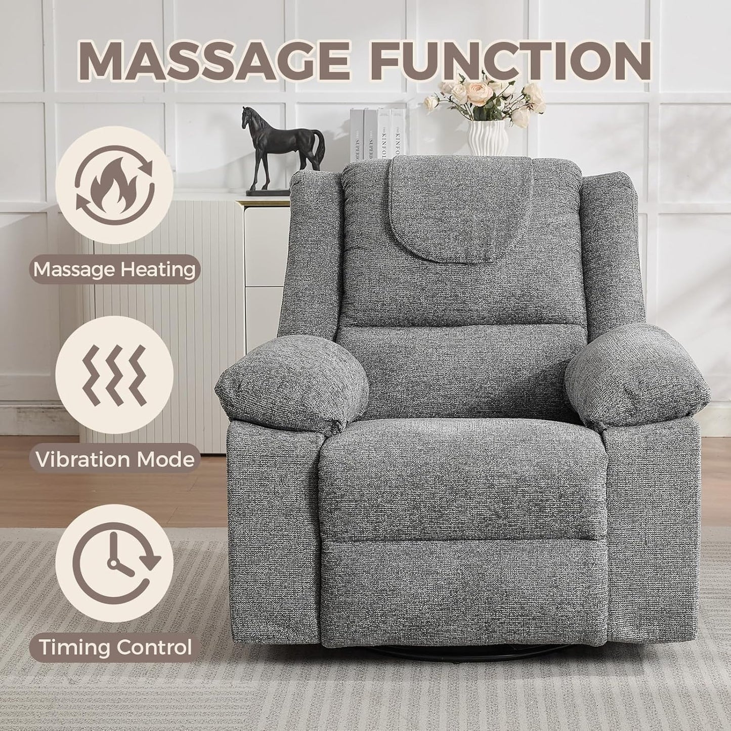 Adults Oversized Rocking Nursery Glider Recliner Chair,360° Swivel Rock Recliner Chairs Single Sofa with Vibration Massage and Heating for Living Room/Bedroom,Blue