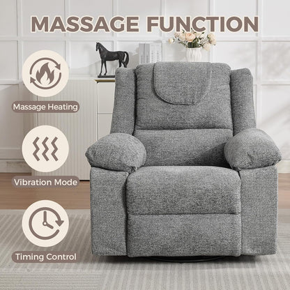 Adults Oversized Rocking Nursery Glider Recliner Chair,360° Swivel Rock Recliner Chairs Single Sofa with Vibration Massage and Heating for Living Room/Bedroom,Blue