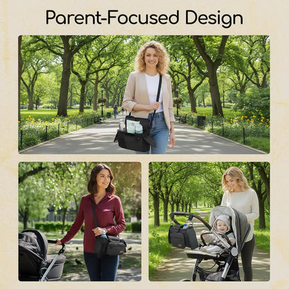Universal Stroller Organizer Bag with 2 Insulated Cup Holder, Durable Detachable Phone Bag and Shoulder Strap – Fits for Pet Stroller Caddy, Uppababy, Baby Jogger, Britax, Doona, Nuna