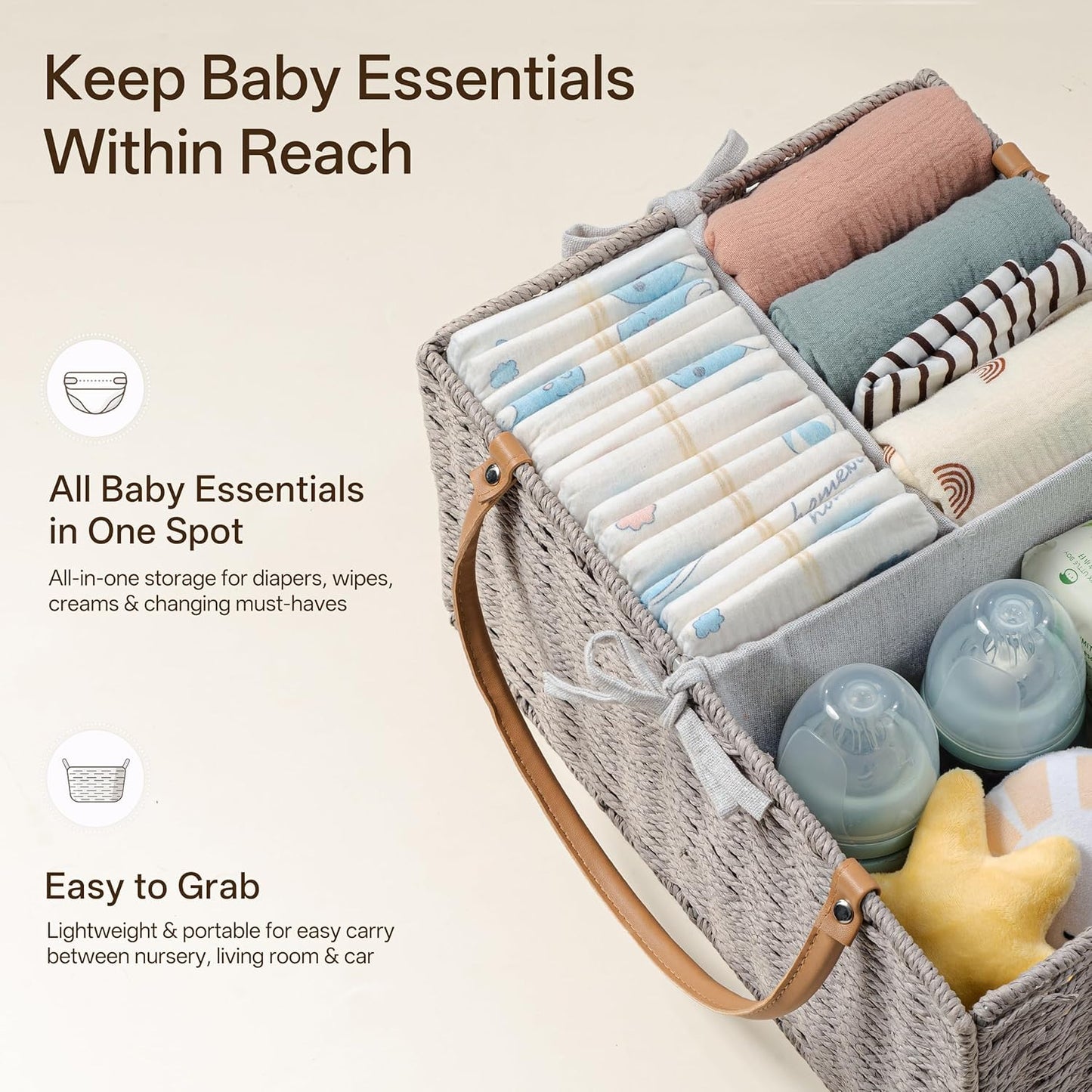 Angelhood Large Paper Rope Diaper Caddy, Baby Essentials Organizer, Portable Baby Shower Baskets Gift Bin, Car Storage Bag for Nursery