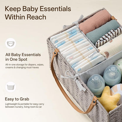 Angelhood Large Paper Rope Diaper Caddy, Baby Essentials Organizer, Portable Baby Shower Baskets Gift Bin, Car Storage Bag for Nursery