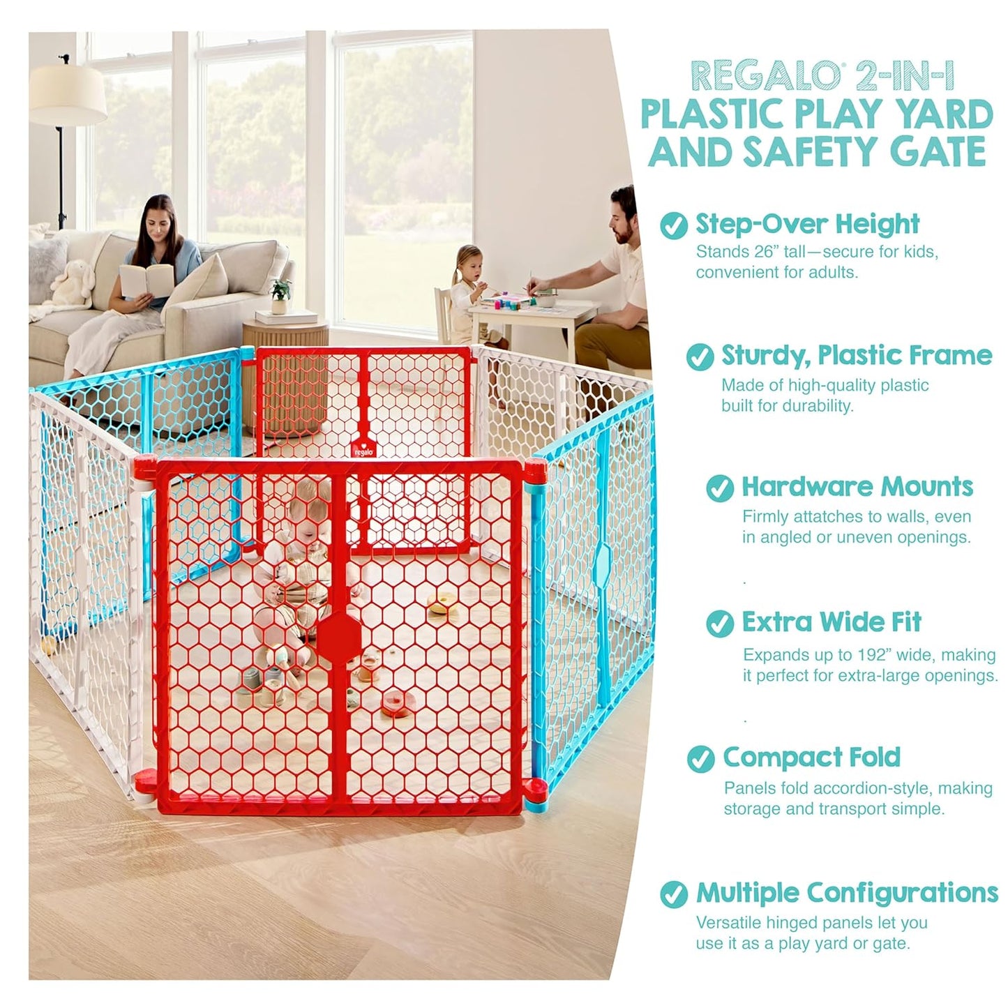 Regalo Safety 192" Super Wide Baby Gate & Play Yard, 2-in-1 Adjustable Playpen for Babies, Toddlers & Pets, Includes Wall Mount Kit, Plastic, Gray