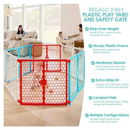 Regalo Safety 192" Super Wide Baby Gate & Play Yard, 2-in-1 Adjustable Playpen for Babies, Toddlers & Pets, Includes Wall Mount Kit, Plastic, Gray
