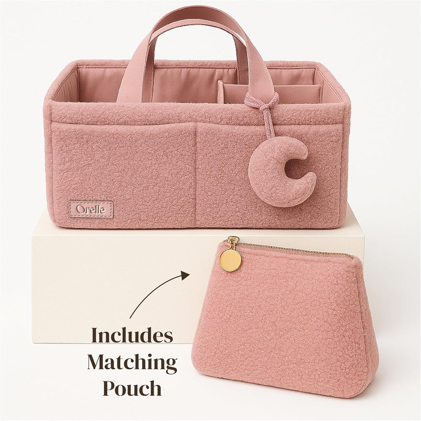 Orelle Bouclé Diaper Caddy Organizer with Matching Pouch & Moon Pendant | Teddy Portable Changing Table Organizer | Must-Have Baby Shower Gifts | Cream