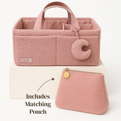 Orelle Bouclé Diaper Caddy Organizer with Matching Pouch & Moon Pendant | Teddy Portable Changing Table Organizer | Must-Have Baby Shower Gifts | Cream