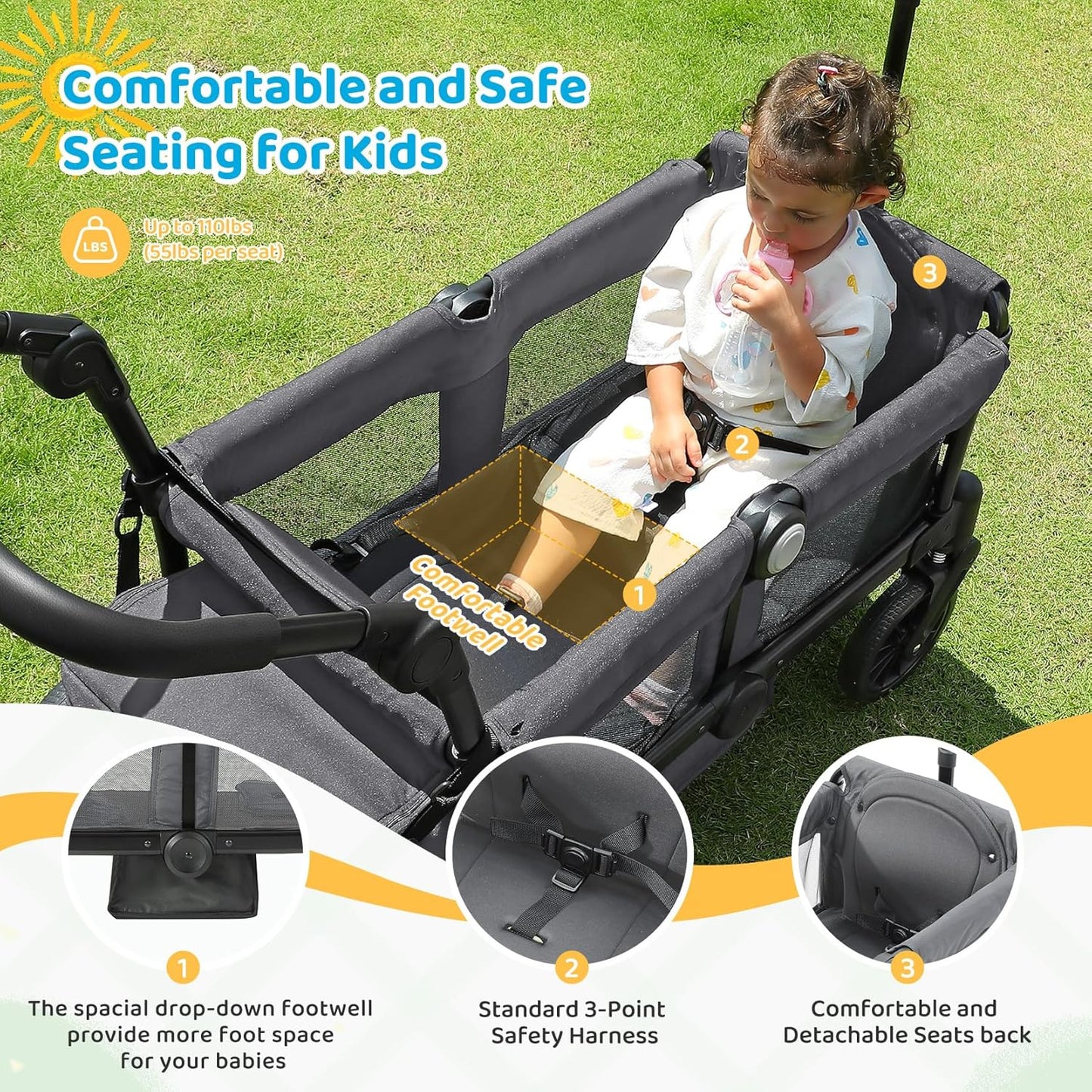 ELEMARA Stroller Wagon, 2 Seat Stroller for 2 Kids, Premium All Terrain Stroller for Kids w/Removable Canopy, Adjustable Push/Pull Handle, Large Storage Bag, Black