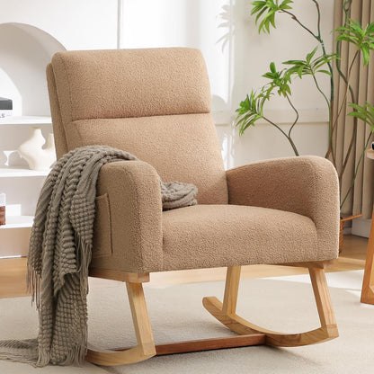 HCHAIRH Rocking Chair Nursery, Upholstered Fabricr Nursing Rocking Chairs with Soft High Back, Modern Nursery Glider Rocker for Mom Living Room, Bedroom, Camel