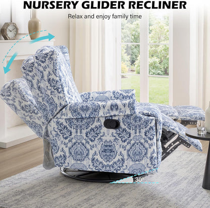 UIXE Swivel Glider Recliner Chair for Adults, High Back Nursery Rocker Floral Upholstered Armchair for Living Room, Manual Reclining Rivet Trim Sofa Lounge with Deep Seat in Fabric - Navy Blue