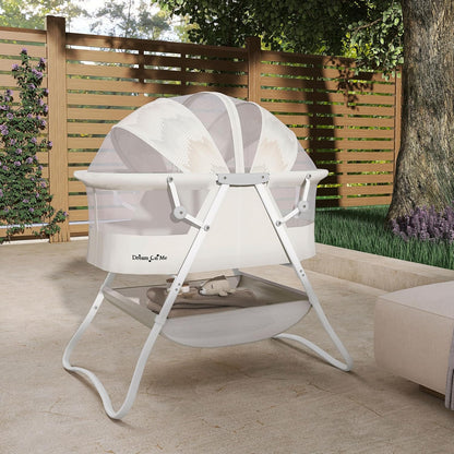 Dream On Me Karley Bassinet, Award Winner Lightweight Travel Baby Bassinet, Foldable Bedside Sleeper, Adjustable Double Canopy, Spacious Design, Soft Fabric, Storage Basket – Blue and Grey