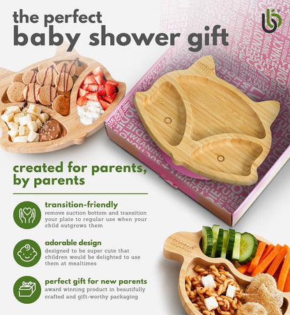 bamboo bamboo Baby and Toddler Plate for Feeding and Weaning, Bamboo Fox Plate with Secure Suction Cup for Babies from 6 Months (Fox, Pink)