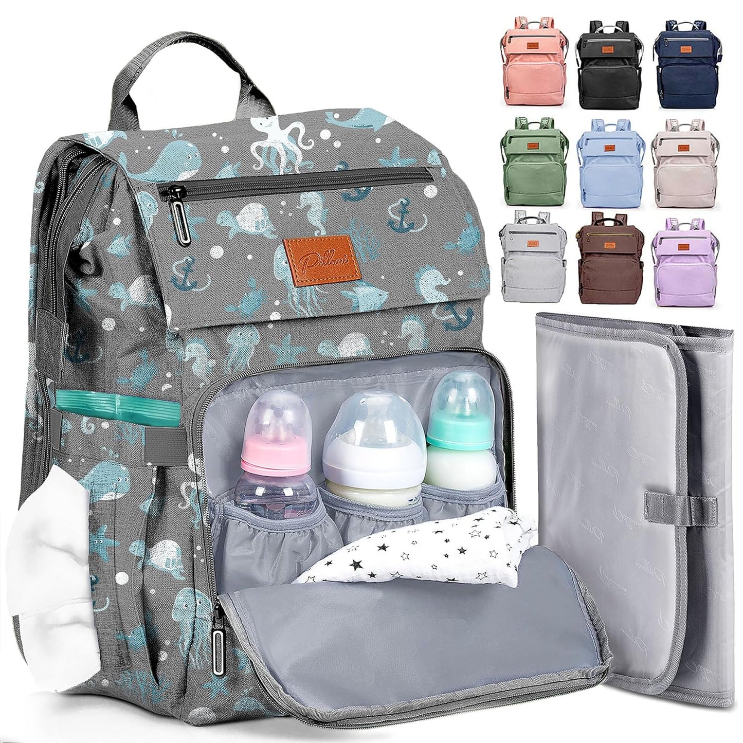 PILLANI Baby Diaper Bag Backpack - Large Waterproof Travel Diaper Bag for Boys & Girls, 16 Organizer Pockets with Changing Pad, Insulated Bottle Pockets & Stroller Straps, Baby Shower Gifts, Dinosaur