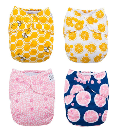 Nora's Nursery Cloth Pocket Diapers 4 Pack with 4 Inserts - Waterproof Cover, Washable, Reusable & One Size Adjustable Pocket Diapers for Newborns and Toddlers - Mama Bear