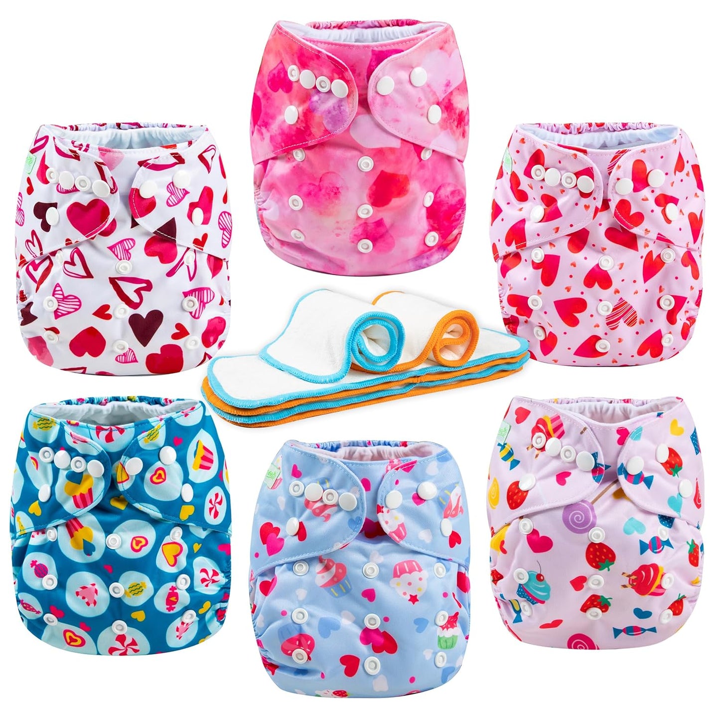 wegreeco Cloth Diapers 6 Pack with 6 Inserts & 1 Wet Bag, Washable Cloth Diapers for Babies, One Size Adjustable Reusable (Flower)