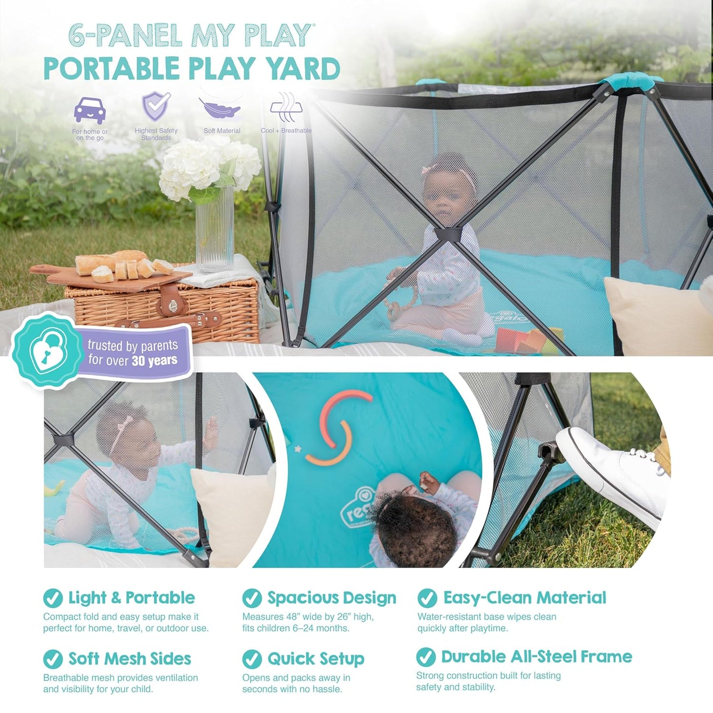 Regalo Safety My Play Portable Baby Playpen & Play Yard, Foldable 6-Panel Indoor Outdoor Playpen for Babies & Toddlers, Mesh Sides, Washable Fabric, 48”, Aqua/Black